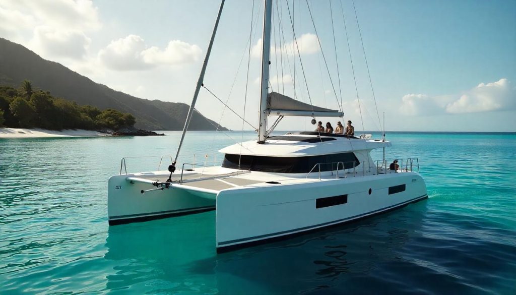 Panther 56 catamaran with solar panels during eco-friendly yacht experiences in the South Pacific.